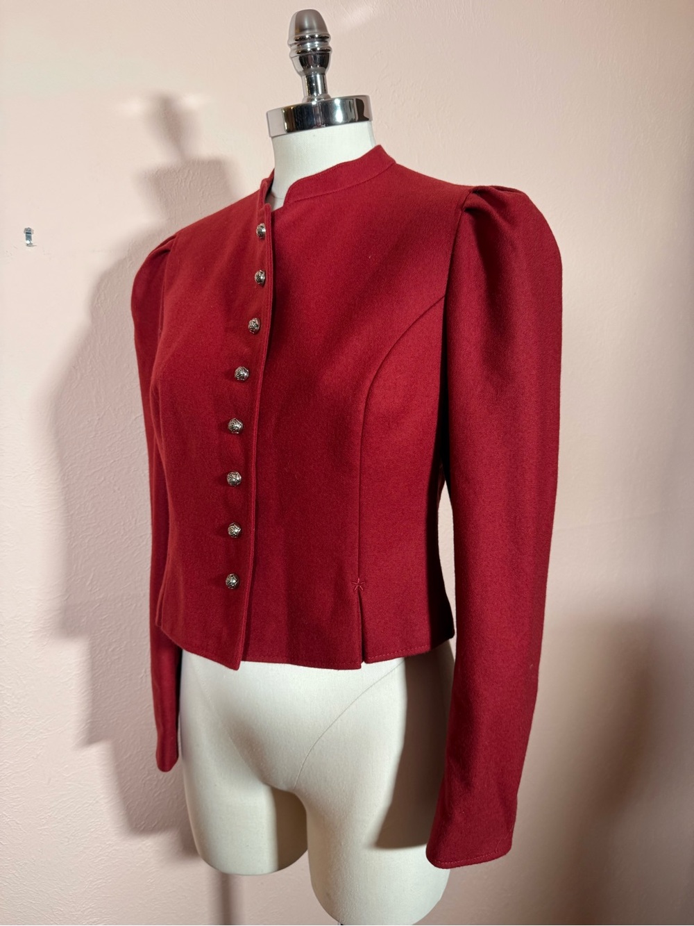 Vintage Loden Victorian burgundy wool rosette button high collar cropped jacket